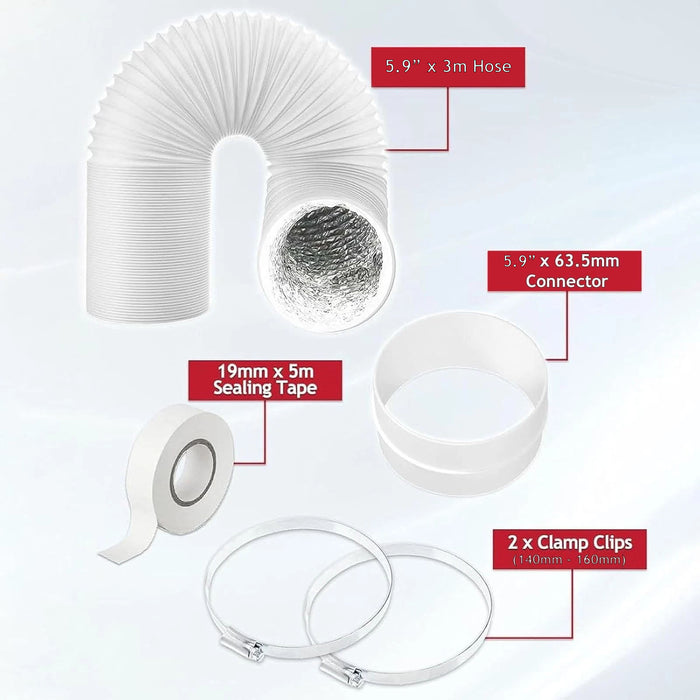 Vent Hose 5.9" 3m Air Con Conditioner PVC Aluminium AC Duct Pipe Extension Kit