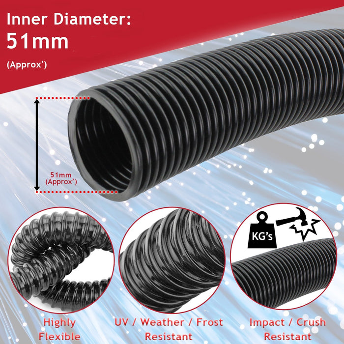 51mm Cable Conduit Flexible Tube Tidy Sleeving Organiser Black 15m