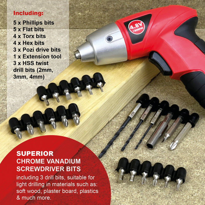 SPARES2GO 4.8v Cordless Rechargeable Electric Screwdriver Combi Drill + Bit Set + Flex Extension