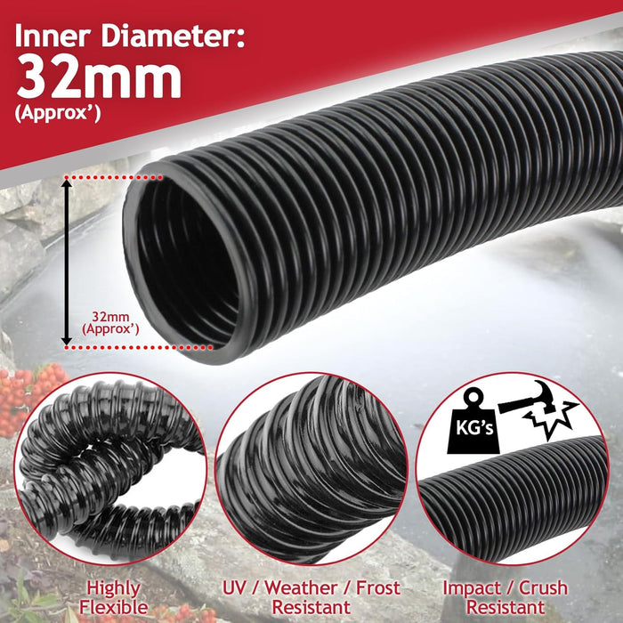 Corrugated Flexible Garden Fish Pond Marine Boat Hose Tube Pipe + 2 Clamp Clips (15m Length x 32mm Diameter)