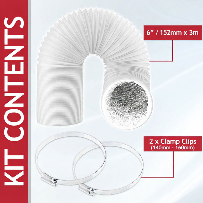 Air Conditioning Duct Hose PVC Flexible Vent Pipe Universal (6" x 3 Metres, White) + Steel Screw Pipe Clips x 2