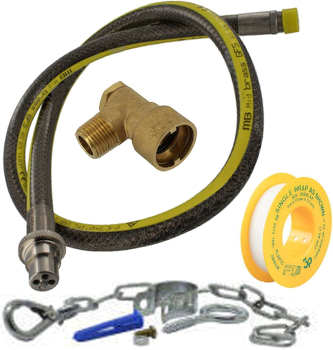 Universal Oven Cooker Gas Supply Hose, PTFE Pipe Tape, Angled Connector & Safety Chain Kit (4ft 1/2 inch, Straight Bayonet, BS EN14800 CE)