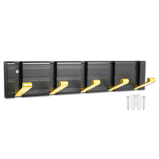 Luxury Wall Mounted Coat Rack 5 Hooks Aluminium Retractable Hanging Hook Rail (Black + Gold)
