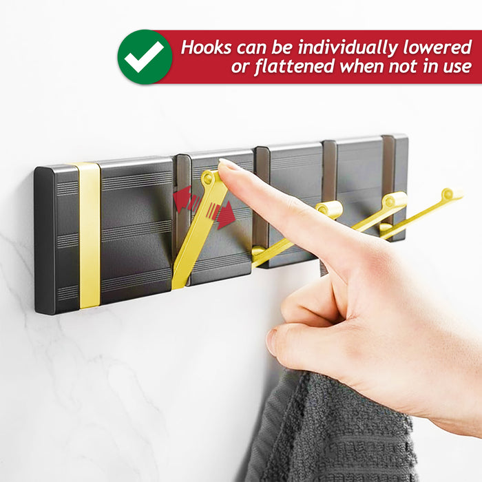 Luxury Wall Mounted Coat Rack 5 Hooks Aluminium Retractable Hanging Hook Rail (Black + Gold)
