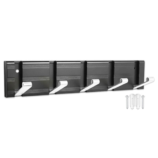 Luxury Wall Mounted Coat Rack 5 Hooks Aluminium Retractable Hanging Hook Rail (Black + Silver)