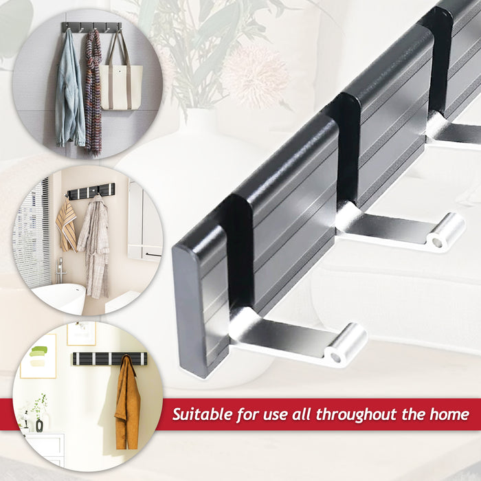 Luxury Wall Mounted Coat Rack 5 Hooks Aluminium Retractable Hanging Hook Rail (Black + Silver)