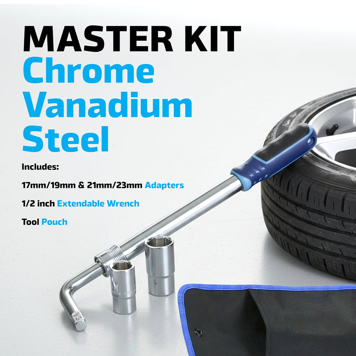 Extendable Wheel Nut Wrench 1/2" Drive Brace Breaker Bar Kit (with 17mm / 19mm and 21mm / 23mm Reversible Sockets)