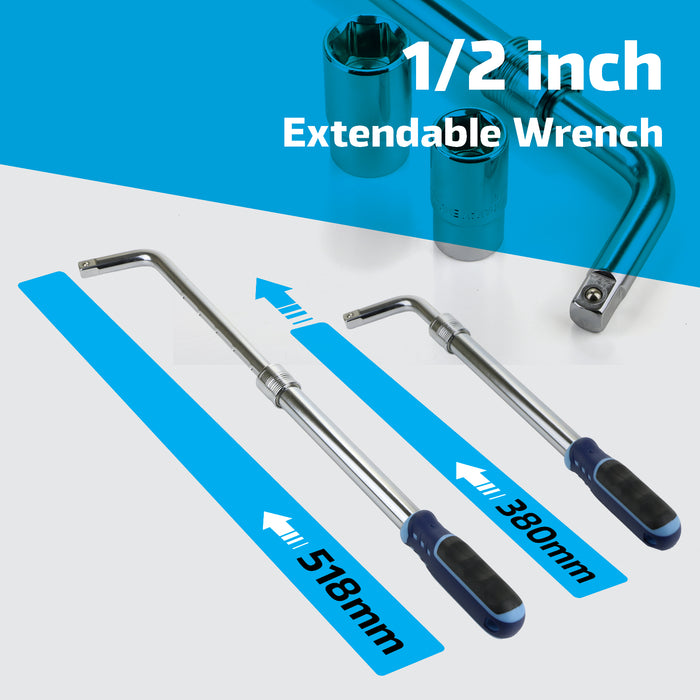 Extendable Wheel Nut Wrench 1/2" Drive Brace Breaker Bar Kit (with 17mm / 19mm and 21mm / 23mm Reversible Sockets)