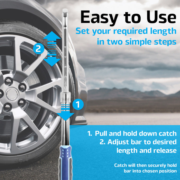 Extendable Wheel Nut Wrench 1/2" Drive Brace Breaker Bar Kit (with 17mm / 19mm and 21mm / 23mm Reversible Sockets)