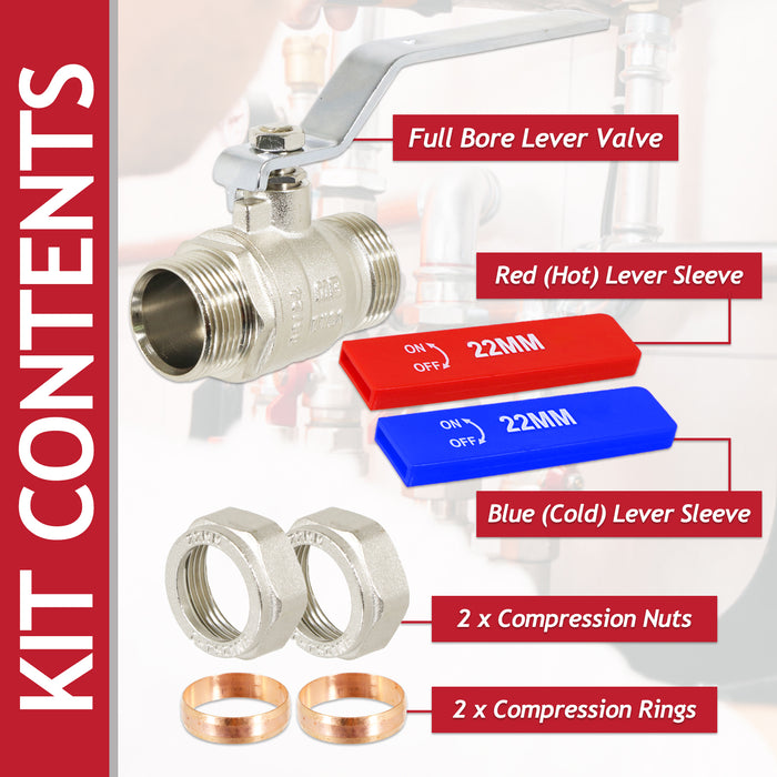 Full Bore Lever Ball Valve Isolating Stop Tap Kit with Blue (Cold) and Red (Hot) Handle Sleeves (22mm)