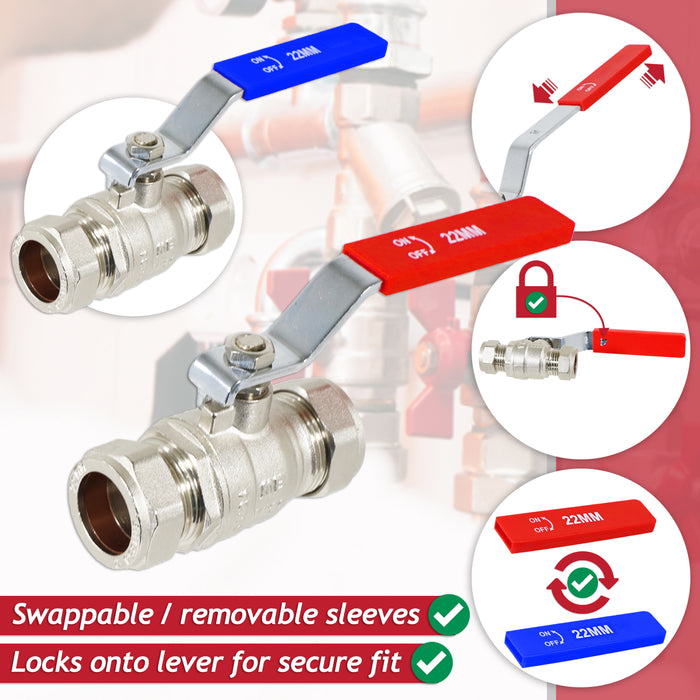 Full Bore Lever Ball Valve Isolating Stop Tap Kit with Blue (Cold) and Red (Hot) Handle Sleeves (22mm)