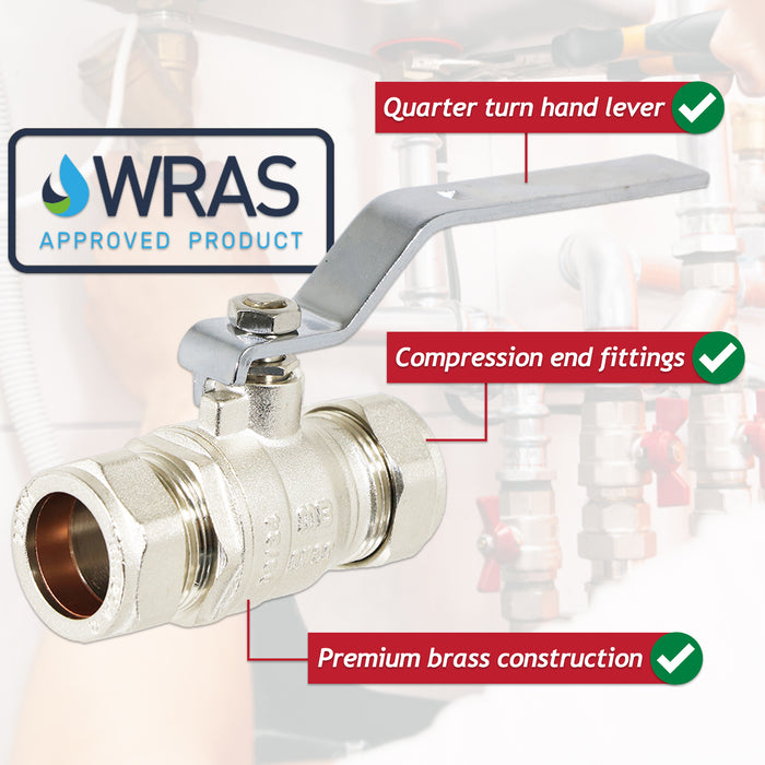 Full Bore Lever Ball Valve Isolating Stop Tap Kit with Blue (Cold) and Red (Hot) Handle Sleeves (22mm)