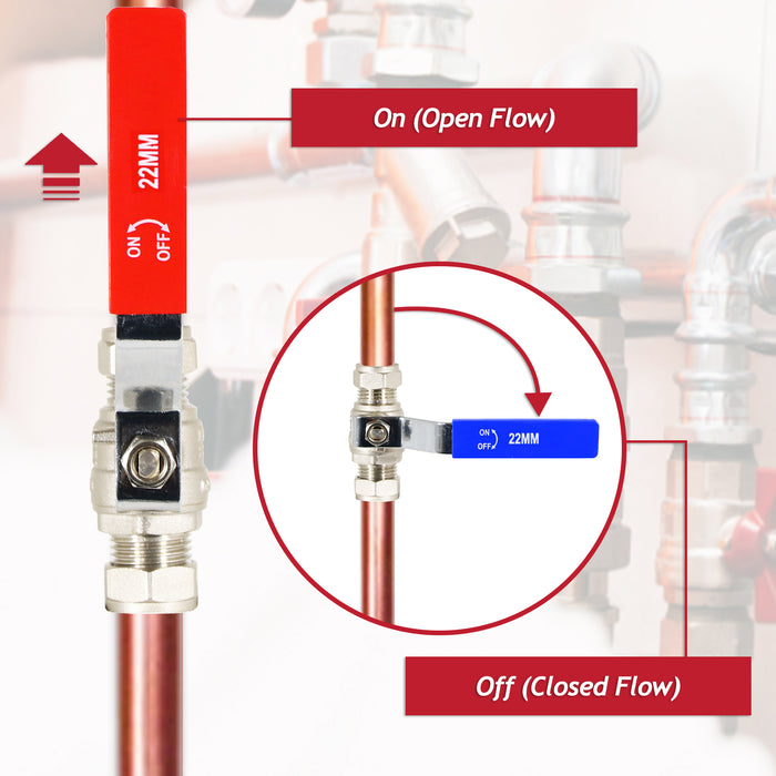 Full Bore Lever Ball Valve Isolating Stop Tap Kit with Blue (Cold) and Red (Hot) Handle Sleeves (22mm)