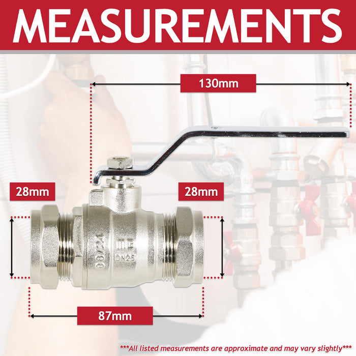 Full Bore Lever Ball Valve Isolating Stop Tap Kit with Blue (Cold) and Red (Hot) Handle Sleeves (28mm)