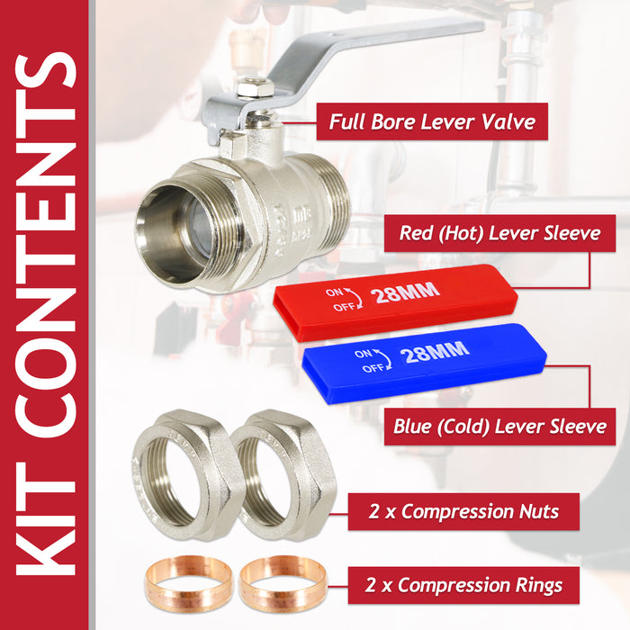 Full Bore Lever Ball Valve Isolating Stop Tap Kit with Blue (Cold) and Red (Hot) Handle Sleeves (28mm)