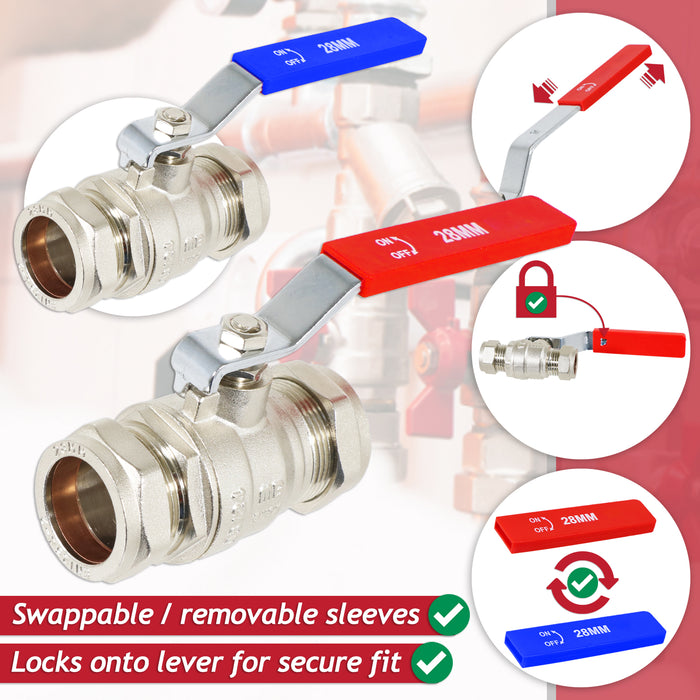 Full Bore Lever Ball Valve Isolating Stop Tap Kit with Blue (Cold) and Red (Hot) Handle Sleeves (28mm)