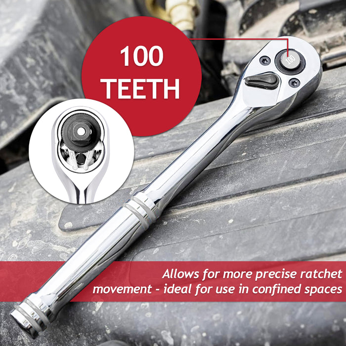 1/4" Socket Ratchet Square Drive 100 Teeth Quick Release Reversible Chrome Vanadium Steel Tool