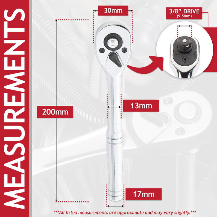 3/8" Socket Ratchet Square Drive 100 Teeth Quick Release Reversible Chrome Vanadium Steel Tool