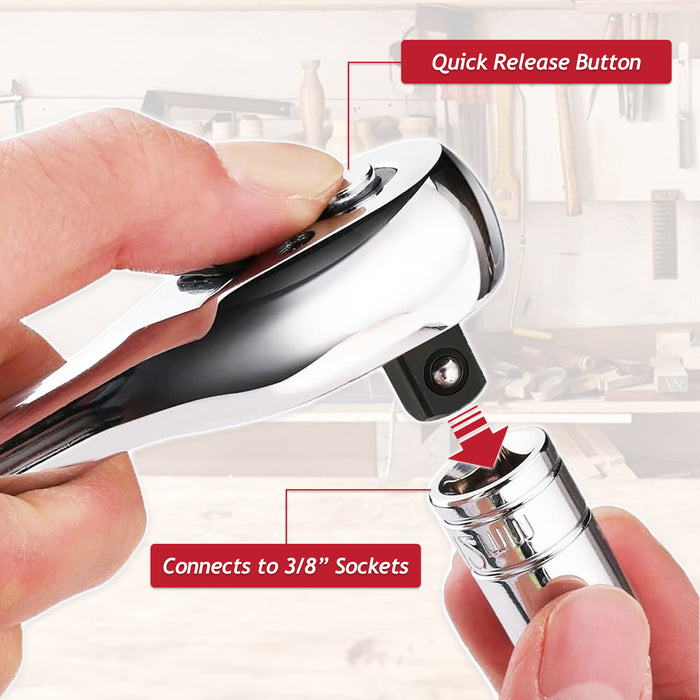 3/8" Socket Ratchet Square Drive 100 Teeth Quick Release Reversible Chrome Vanadium Steel Tool