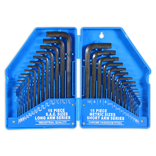 Hex Key Set 30 Piece Long Short Arm Metric SAE Imperial Chrome Vanadium Steel Allen Keys