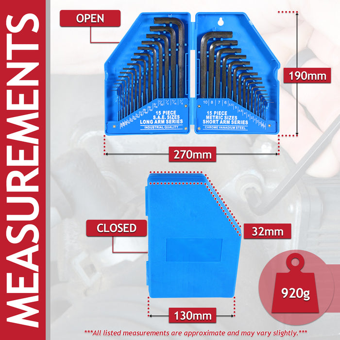 Hex Key Set 30 Piece Long Short Arm Metric SAE Imperial Chrome Vanadium Steel Allen Keys with Storage Carry Case