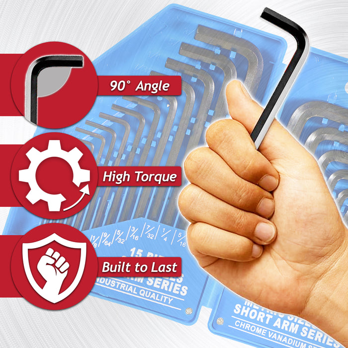 Hex Key Set 30 Piece Long Short Arm Metric SAE Imperial Chrome Vanadium Steel Allen Keys with Storage Carry Case