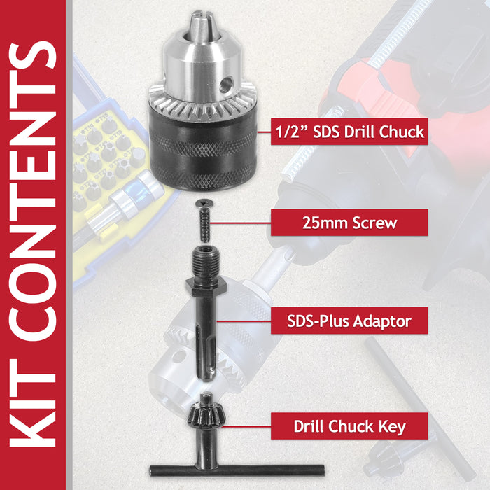 Keyed Chuck SDS Plus Adaptor Kit 1.5mm - 13mm Drill Bit 1/2" x 20 UNF Shaft Set