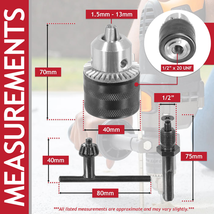 Keyed Chuck SDS Plus Adaptor Kit 1.5mm - 13mm Drill Bit 1/2" x 20 UNF Shaft Set