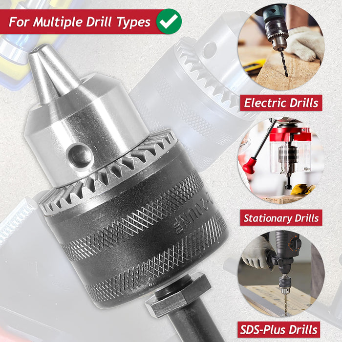 Keyed Chuck SDS Plus Adaptor Kit 1.5mm - 13mm Drill Bit 1/2" x 20 UNF Shaft Set