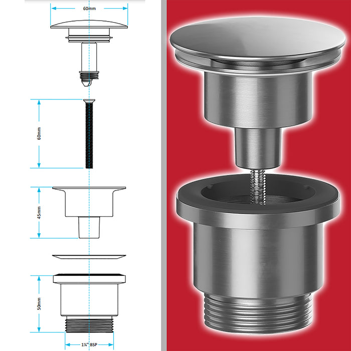 Clicker Basin Waste Plug 1 1/4" 60mm Click Clack Bathroom Sink Pop Up Push Dome (Brushed Nickel)