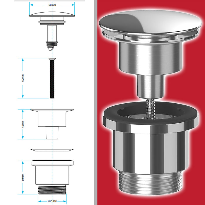 Clicker Basin Waste Plug 1 1/4" 60mm Click Clack Bathroom Sink Pop Up Push Dome (Gloss Chrome)