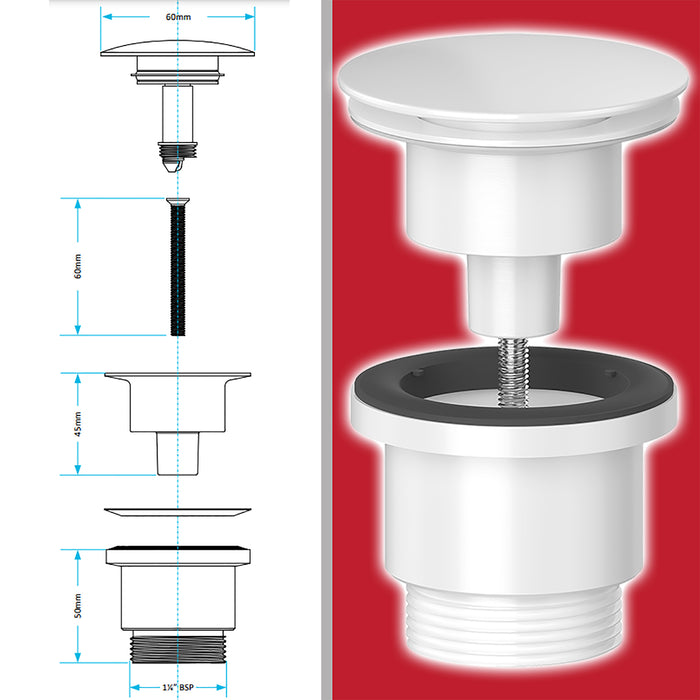 Clicker Basin Waste Plug 1 1/4" 60mm Click Clack Bathroom Sink Pop Up Push Dome (Matt White)