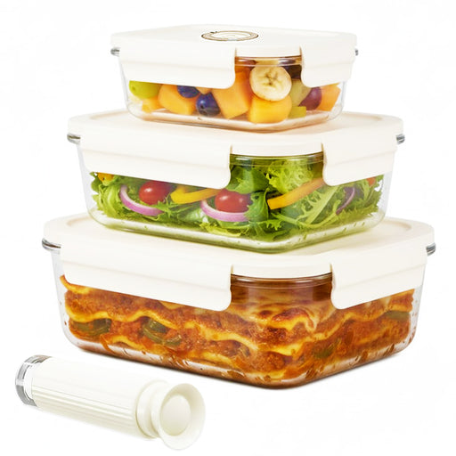 Vacuum Food Storage Glass Containers with Securing Clips Lids (Small, Medium, Large) + Manual Sealing Pump