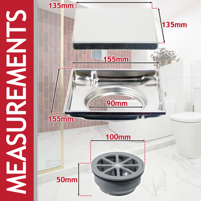 Shower Floor Drain Grate Tile Insert Invisible Stainless Steel Square Grid (Chrome Silver, 6" / 155mm)