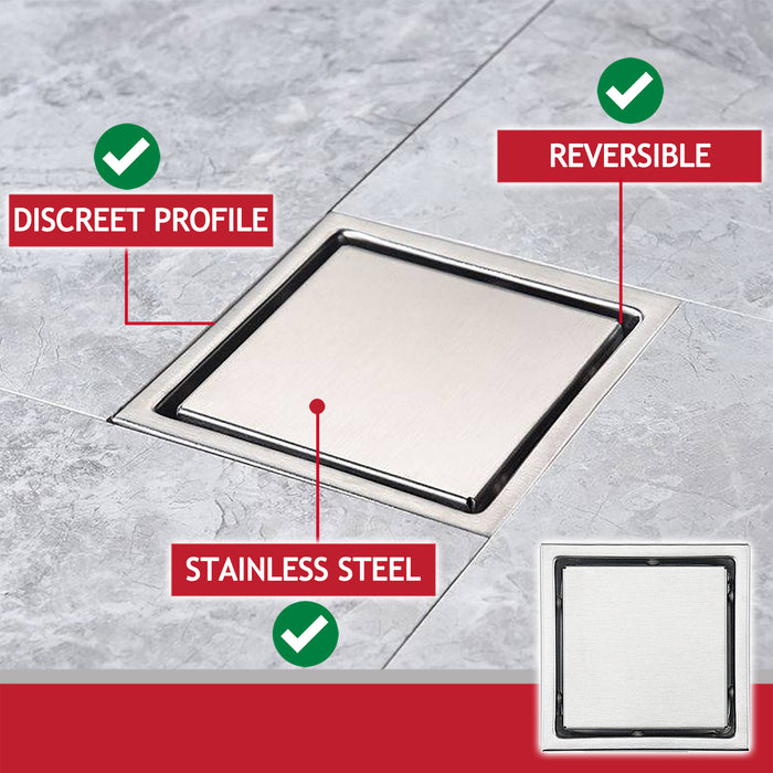 Shower Floor Drain Grate Tile Insert Invisible Stainless Steel Square Grid (Chrome Silver, 6" / 155mm)