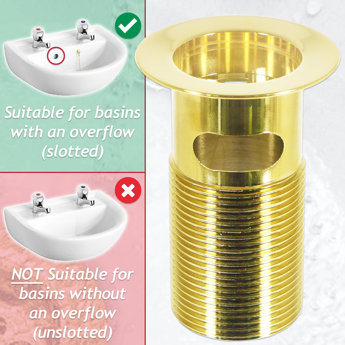 Sink Basin Waste Luxury Slotted Brass Overflow Plug with Chain and Stay (40mm 1 1/4", Gold Finish)