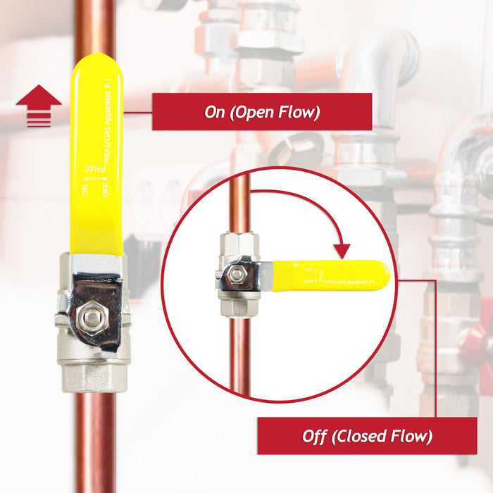 Gas Lever Ball Valve Full Bore PN40 Brass On Off Female x Female Yellow Handle Safety Isolator (1/4")