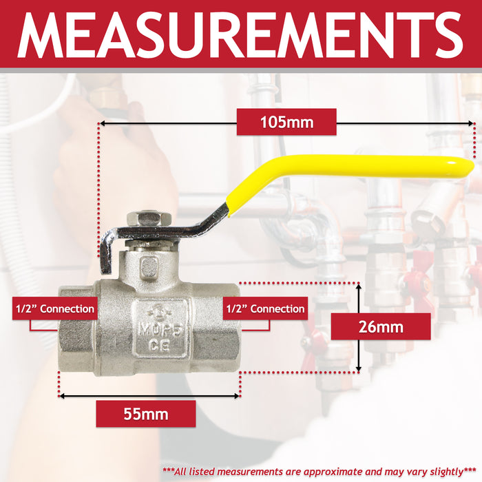 Gas Lever Ball Valve Full Bore PN40 Brass On Off Female x Female Yellow Handle Safety Isolator (1/2")