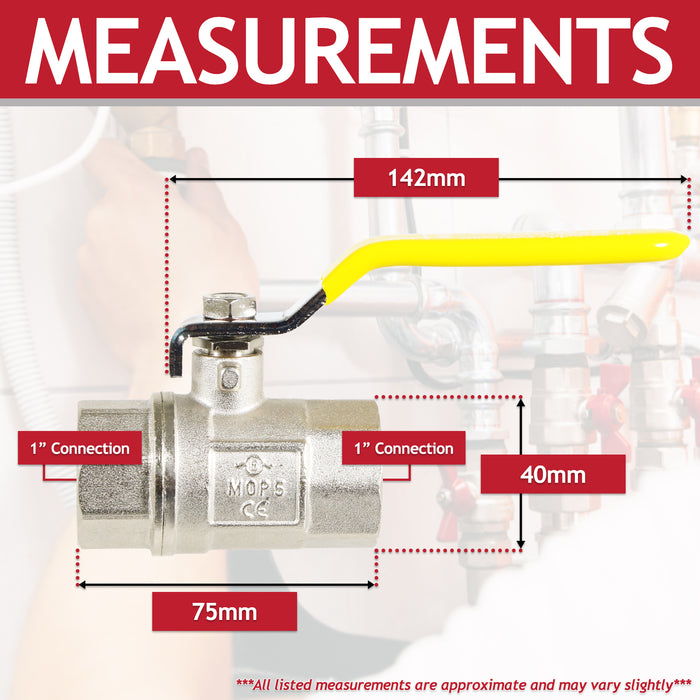 Gas Lever Ball Valve Full Bore PN40 Brass On Off Female x Female Yellow Handle Safety Isolator (1")