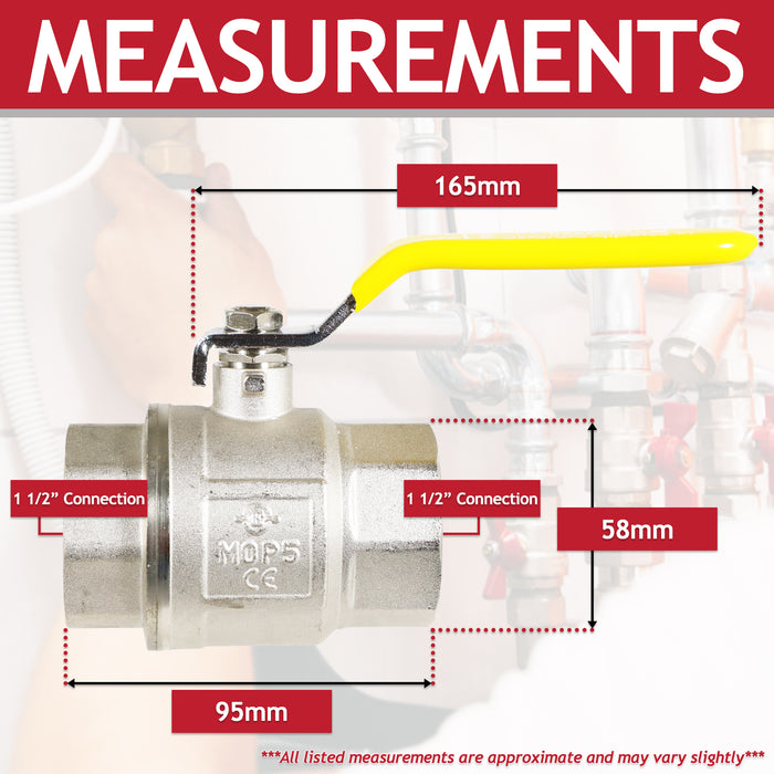Gas Lever Ball Valve Full Bore PN40 Brass On Off Female x Female Yellow Handle Safety Isolator (1 1/2")