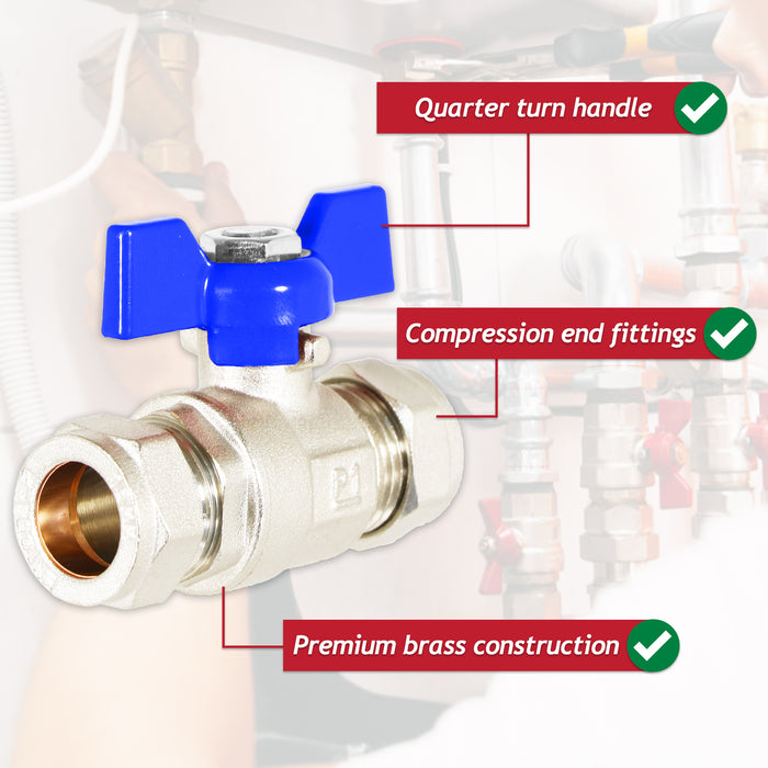 Butterfly Lever Compression Ball Valve Quarter Turn Water Isolation Stop Kit (15mm, Blue Handle)