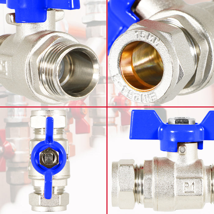Butterfly Lever Compression Ball Valve Quarter Turn Water Isolation Stop Kit (15mm, Blue Handle)