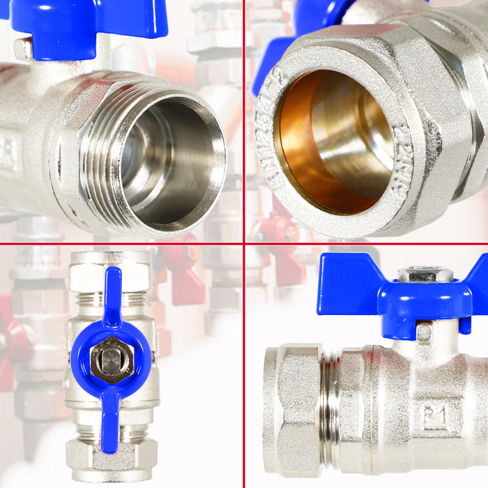 Butterfly Lever Compression Ball Valve Quarter Turn Water Isolation Stop Kit (22mm, Blue Handle)