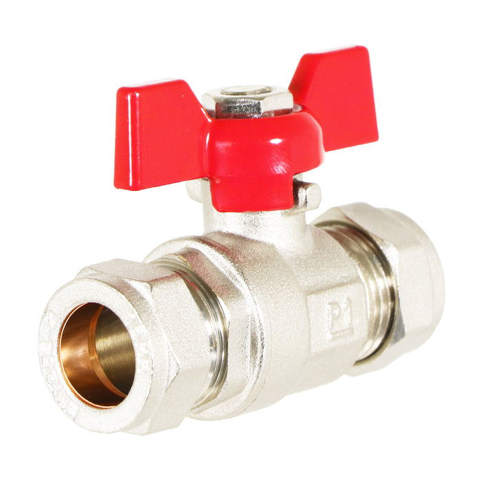 Butterfly Lever Compression Ball Valve Quarter Turn Water Isolation Stop Kit (15mm, Red Handle)