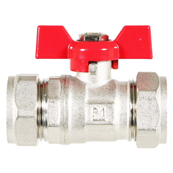 Butterfly Lever Compression Ball Valve Quarter Turn Water Isolation Stop Kit (22mm, Red Handle)