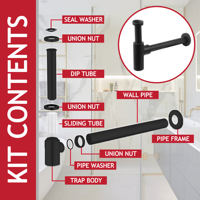 Bottle Sink Basin Trap 40mm / 1.5" Luxury Round Deodorant Waste Pipe Outlet (Matt Black)