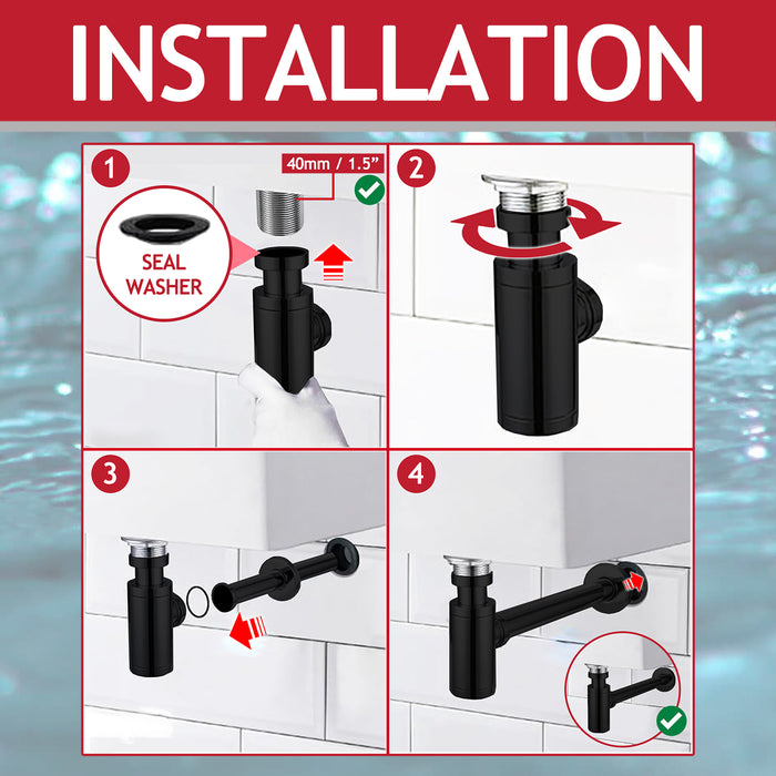 Bottle Sink Basin Trap 40mm / 1.5" Luxury Round Deodorant Waste Pipe Outlet (Matt Black)