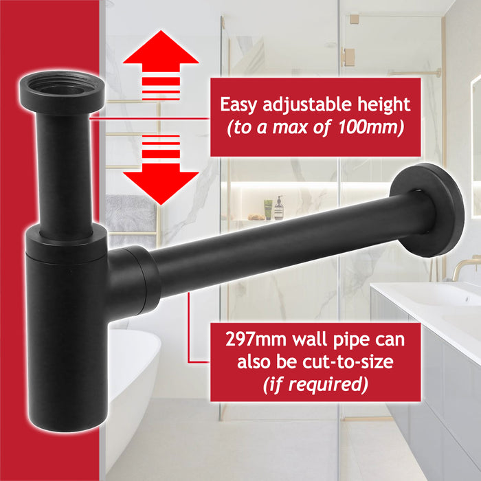 Bottle Sink Basin Trap 40mm / 1.5" Luxury Round Deodorant Waste Pipe Outlet (Matt Black)