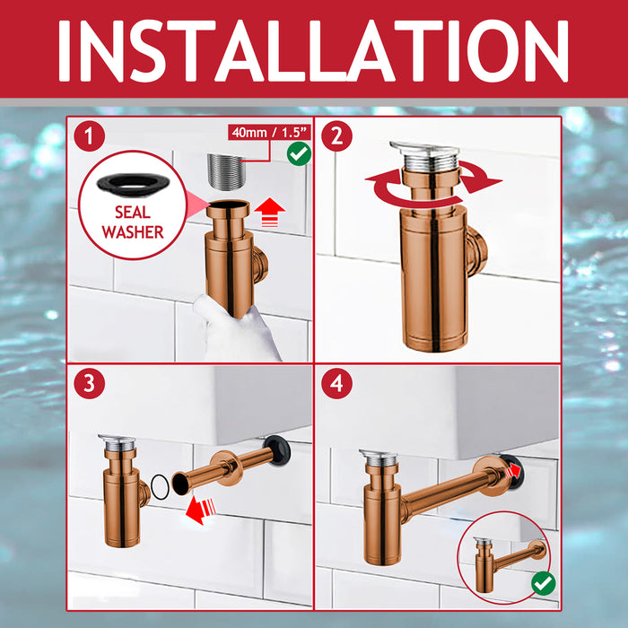 Bottle Sink Basin Trap 40mm / 1.5" Luxury Round Deodorant Waste Pipe Outlet (Copper)