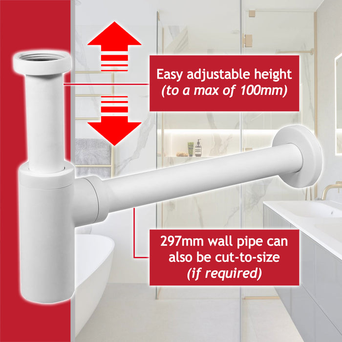 Bottle Sink Basin Trap 40mm / 1.5" Luxury Round Deodorant Waste Pipe Outlet (Matt White)